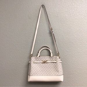 Michael Kors Reed Large Signature Belted Logo Satchel Crossbody Bag Cream Purse